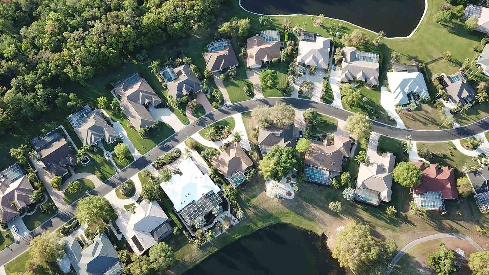 Aerial view of residential single family home neighborhood 