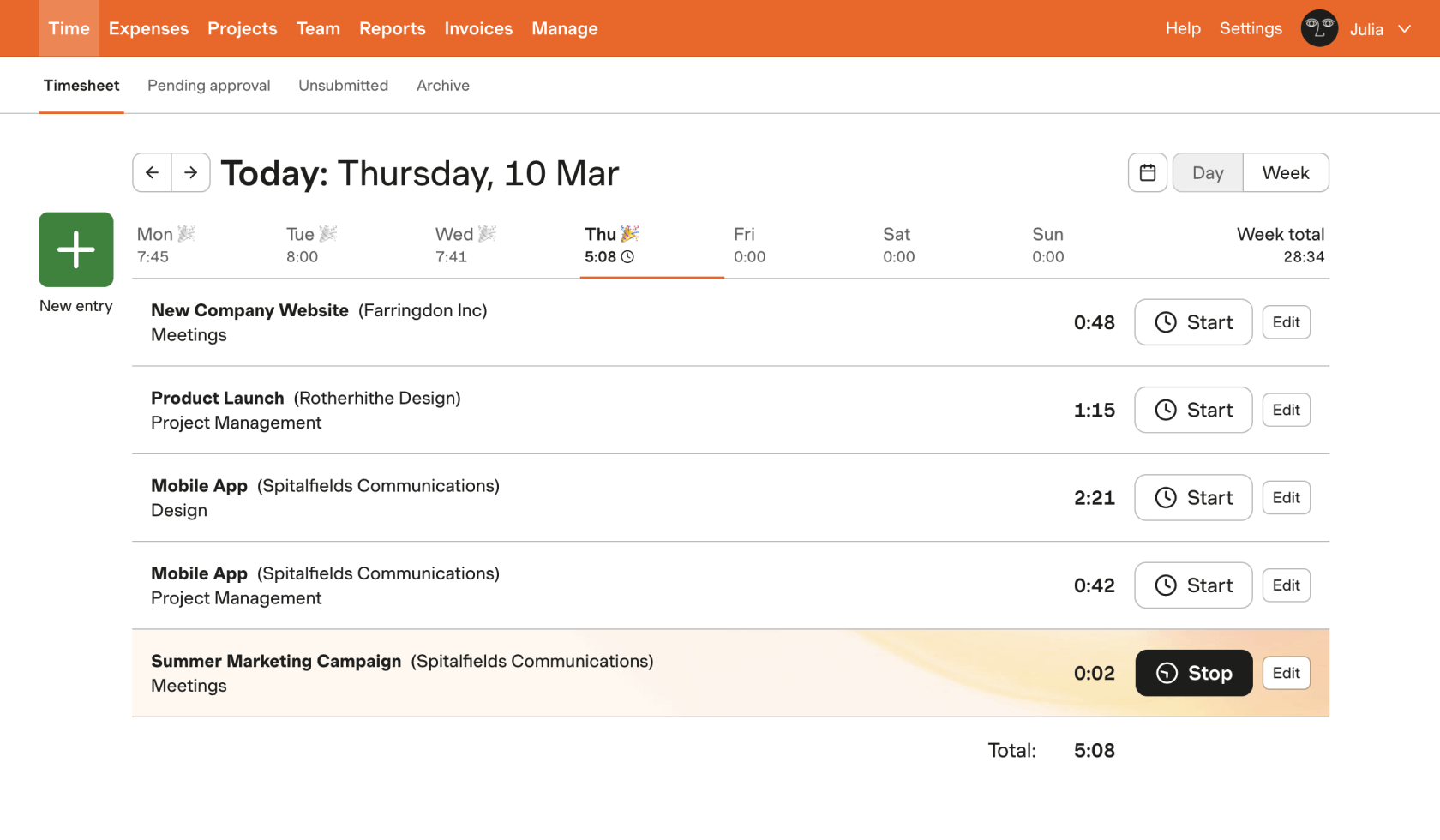 Screenshot of a Harvest timesheet