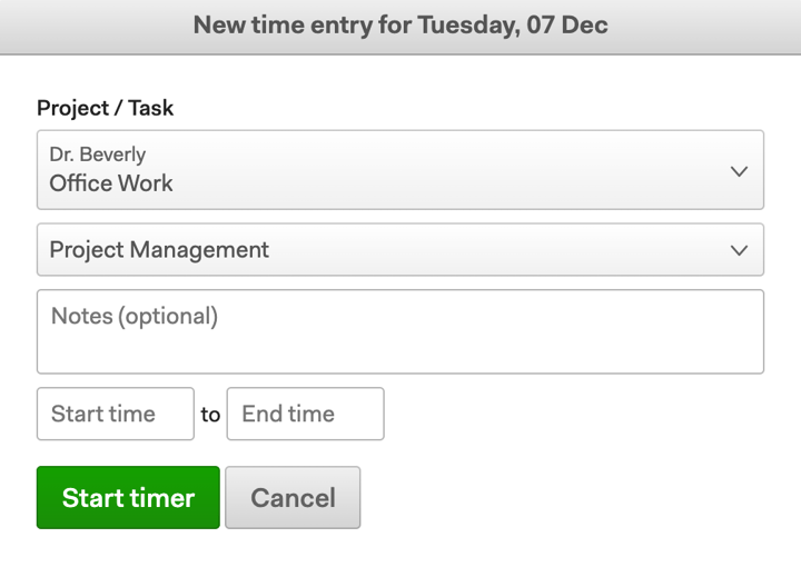 A Harvest time entry dialog showing options to enter a project, task, notes, and start and end times