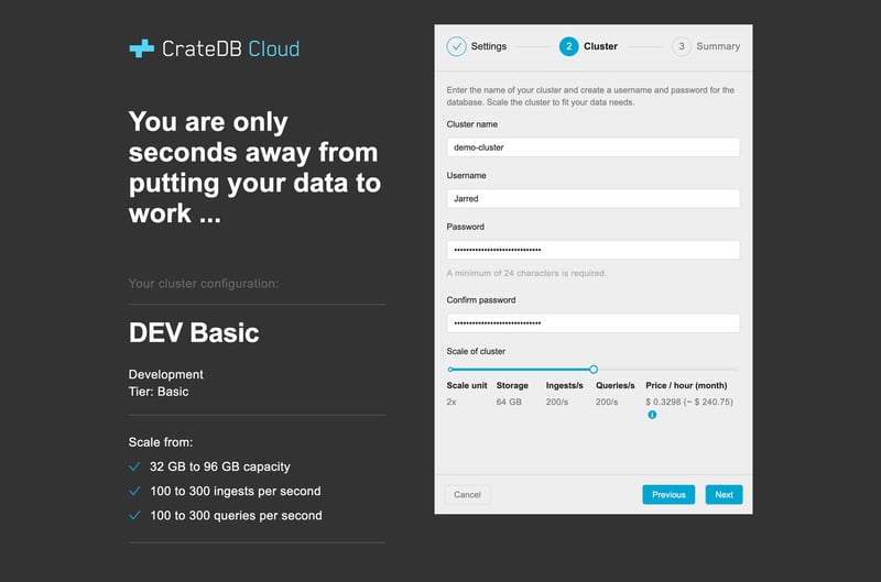 Setting the organization or project names, launching clusters, scaling them up or down, and all the administrative functions are managed through the CrateDB Cloud console interface.