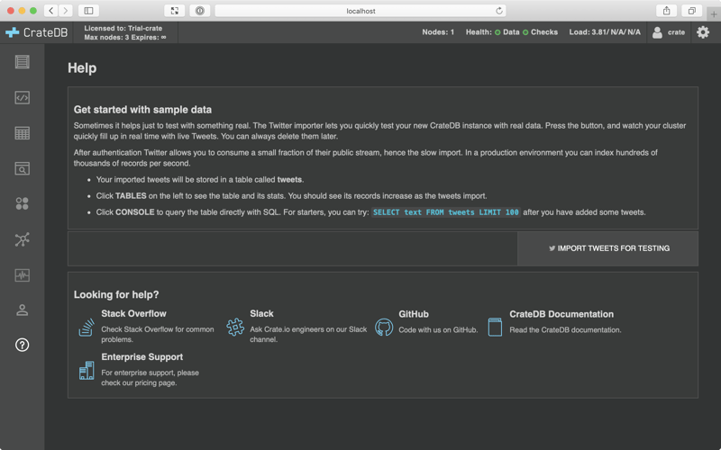Screenshot of the CrateDB Admin UI