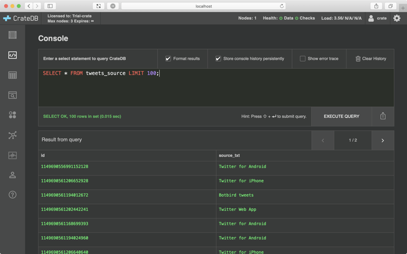 Screenshot of the CrateDB Admin UI