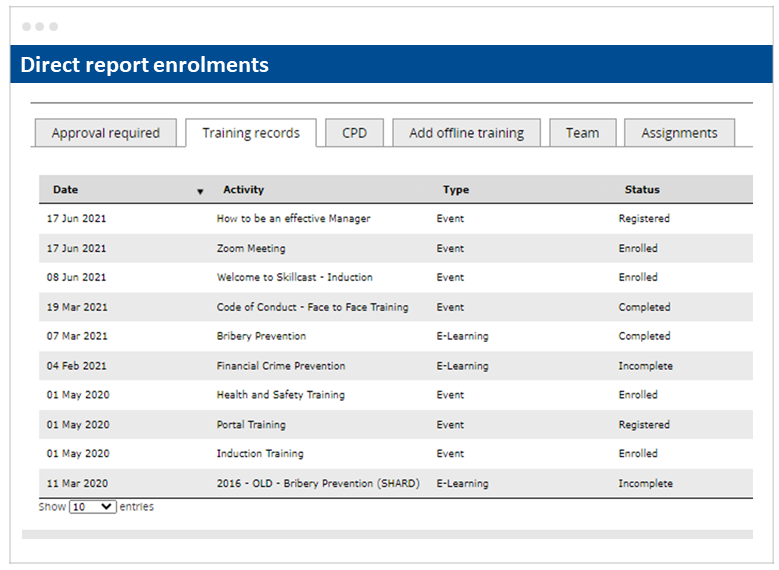 Skillcast EMS Direct Report Enrolments