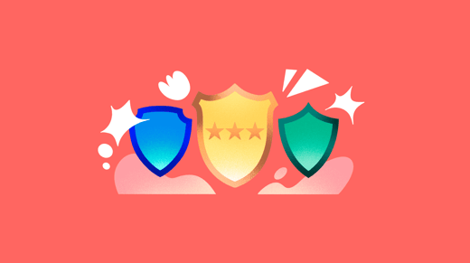 Illustration of three rating badges on a red background