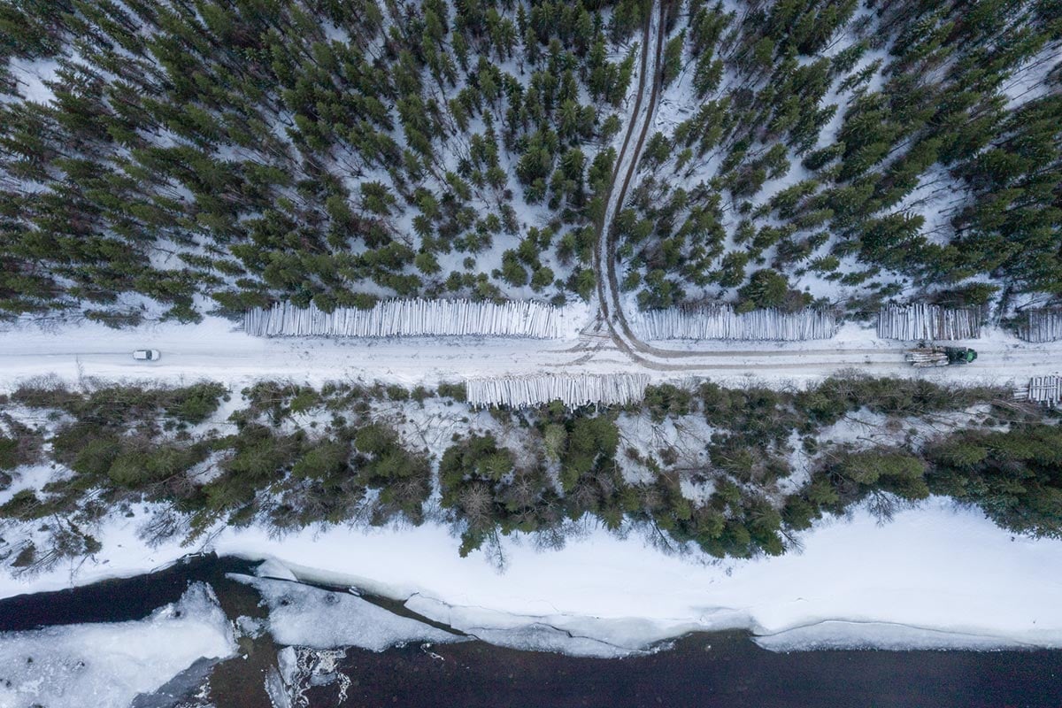 Drönarbild på väg i vintrigt skogslandskap