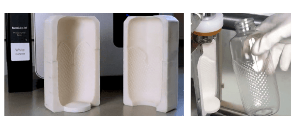 Links: 3D geprinte matrijsdelen met een Formlabs 3D printer. Rechts: het resultaat.
