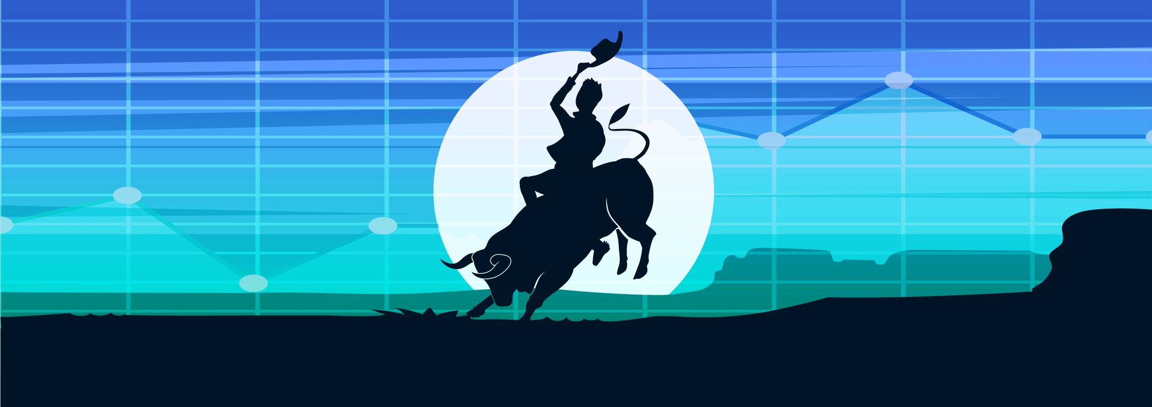 The shadow of a man seated on a bull flying his hat shows in front of a circular moonlight on a blue and purple background.
