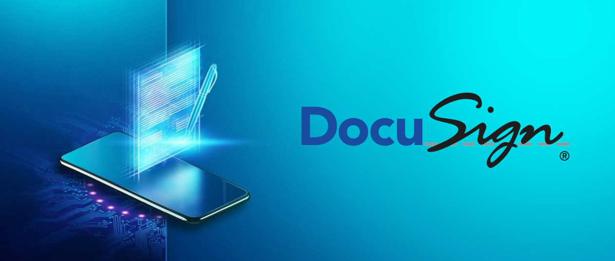 Printed circuit breaking out of a phone while a hologram of document and a pen is lingering over it and the logo of DocuSign is displayed on the right
