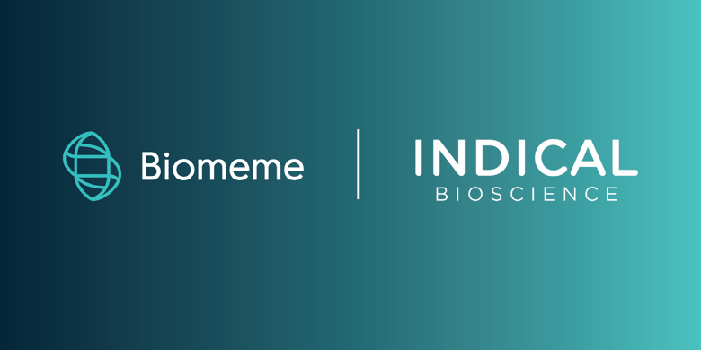 Biomeme logo and Indical biosciences logo on a gradient 
