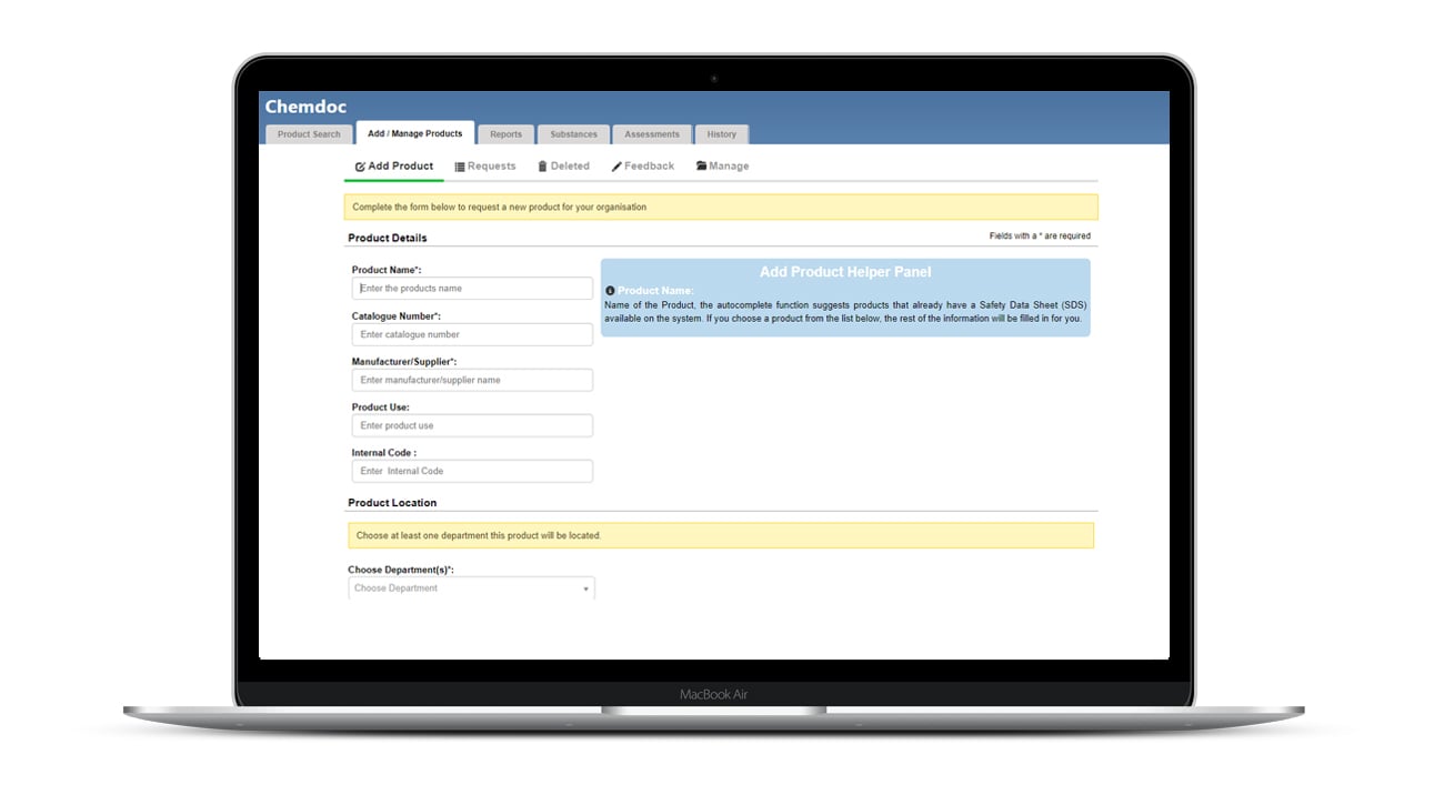 Laptop open showing Chemdoc Saas software on the screen