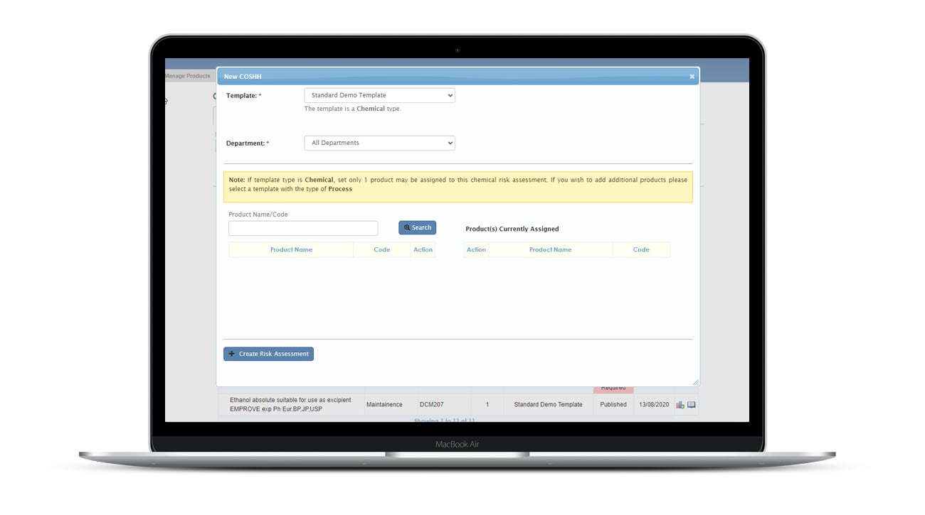 Laptop open showing Saas software with chemical risk assessment template on the screen