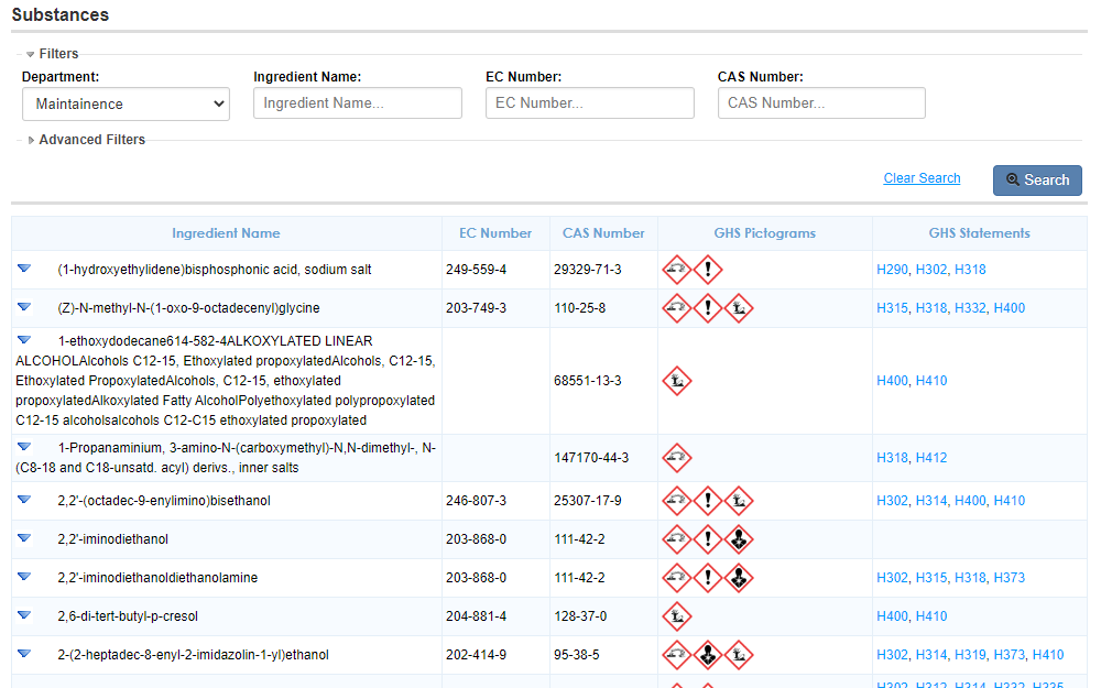 Computer screen showing how to compare substances in your inventory against regulatory lists.