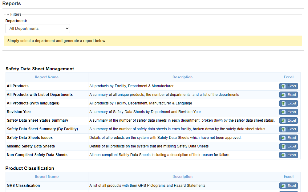 Computer screen showing how to run reports on the quality and health of your supplier safety data sheets