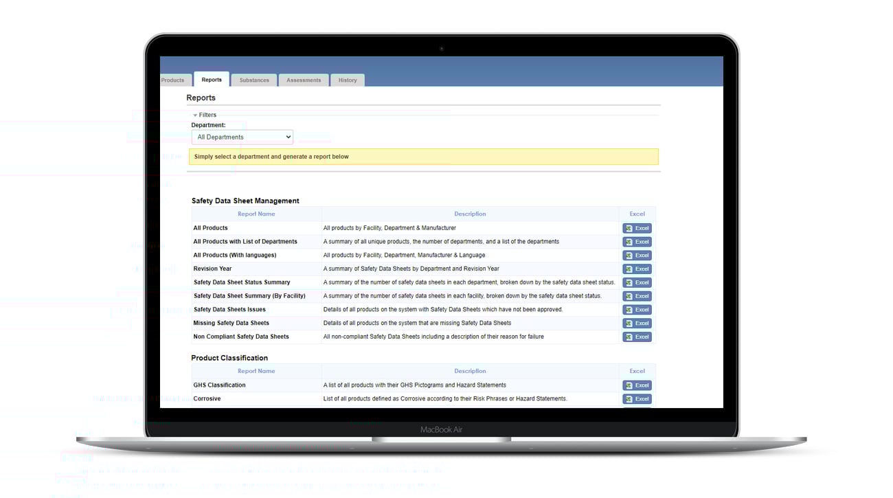 Laptop open showing Saas software with chemical reporting template on the screen