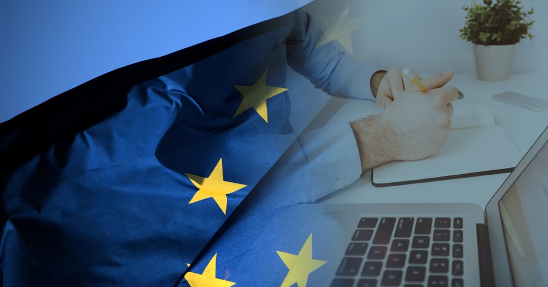 Manipulation of laptop overlaid with European Union flag to denote legislation