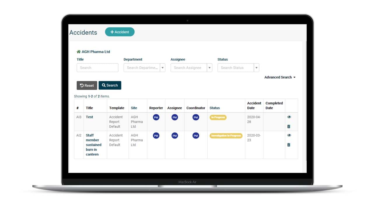 Laptop open showing Saas software with accident reporting template on the screen