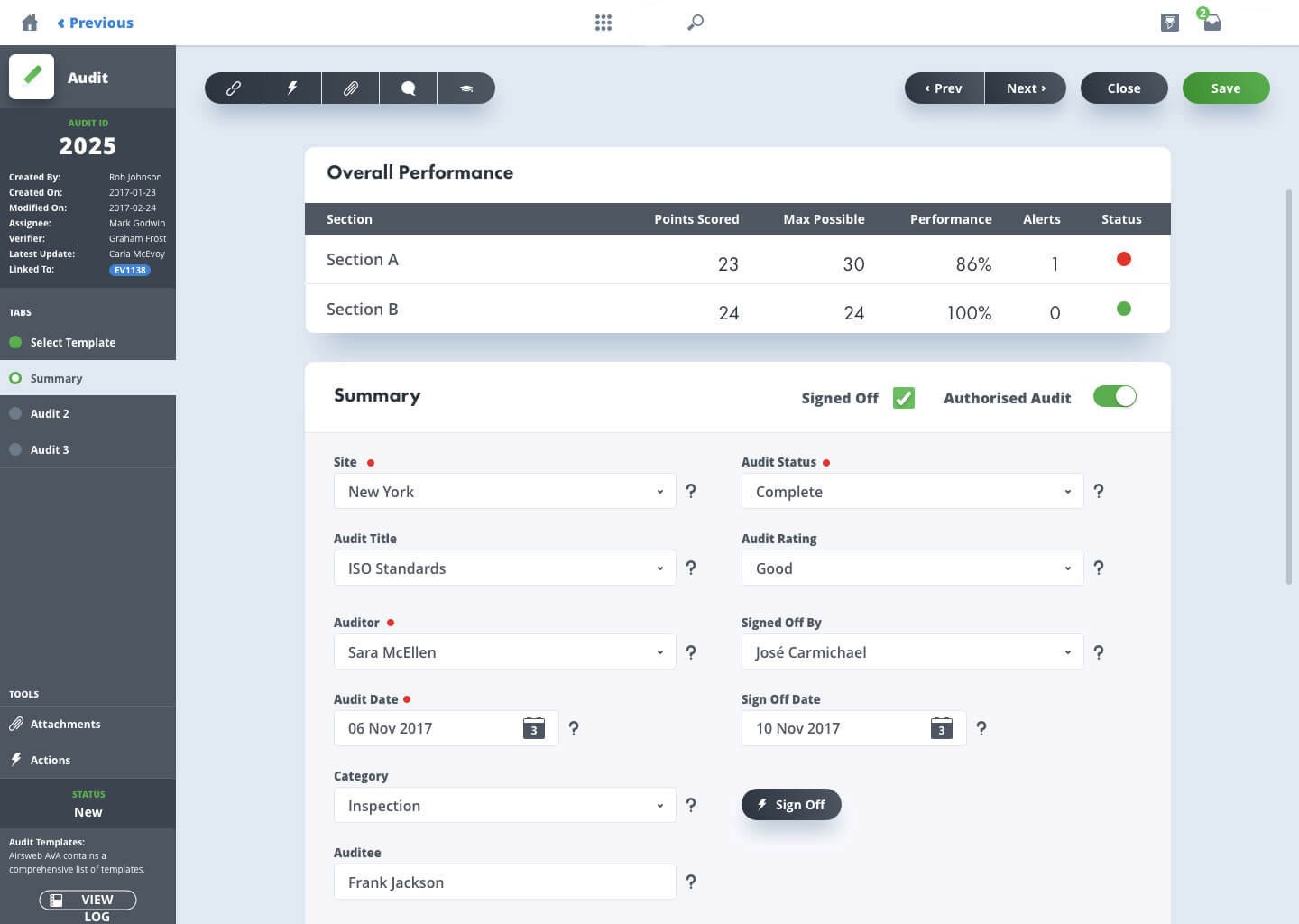 Computer screen showing all information available in the audits template
