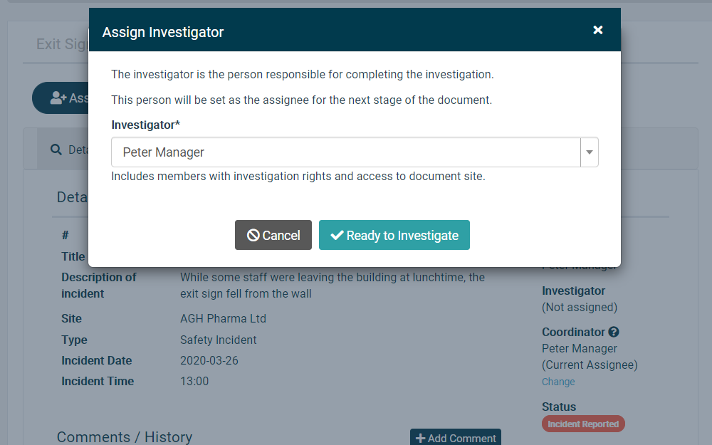 Computer screen showing how to assign actions to team members