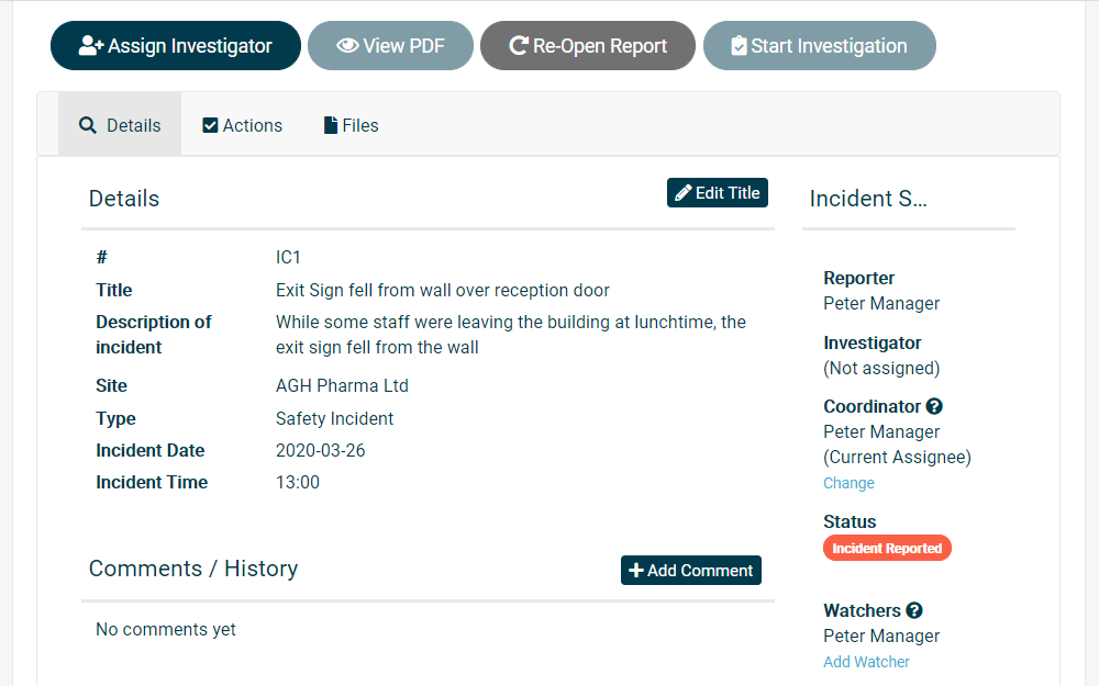 Computer screen showing how to manage and track of all stages of the incident reporting process.