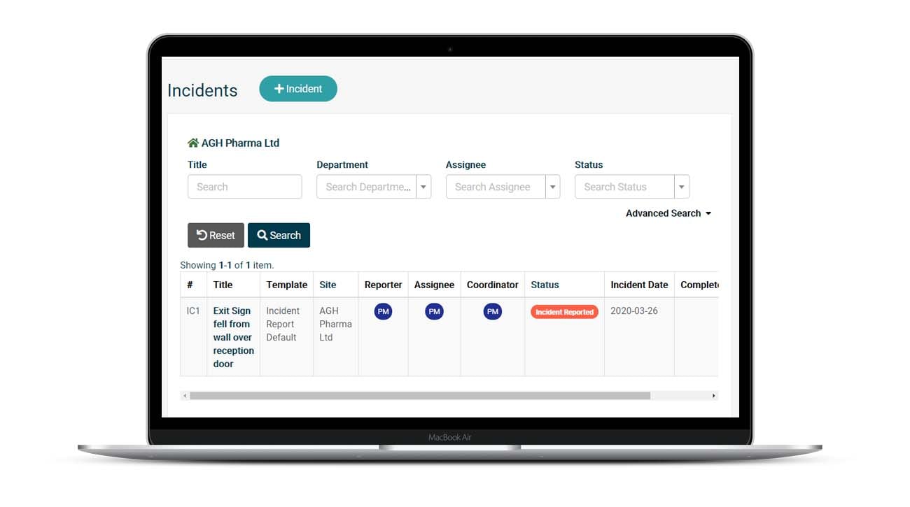 Laptop open showing Saas software with incident management template on the screen