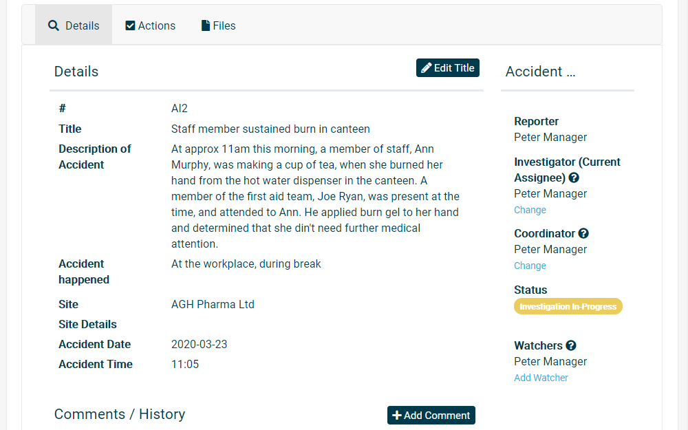 Computer screen showing full traceability on all accidents and accident history in your organisation.