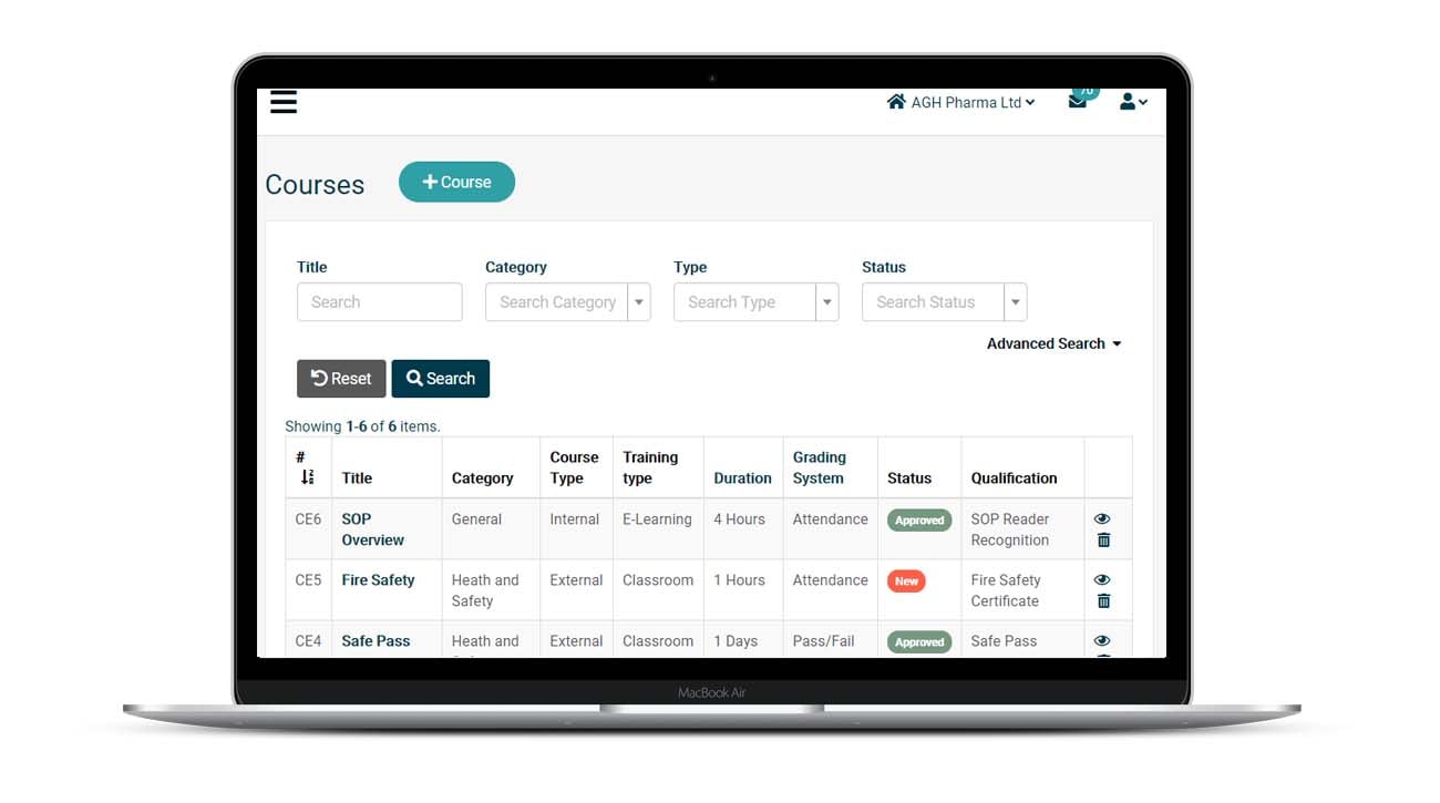 Laptop open showing Saas software with training and qualifications template on the screen