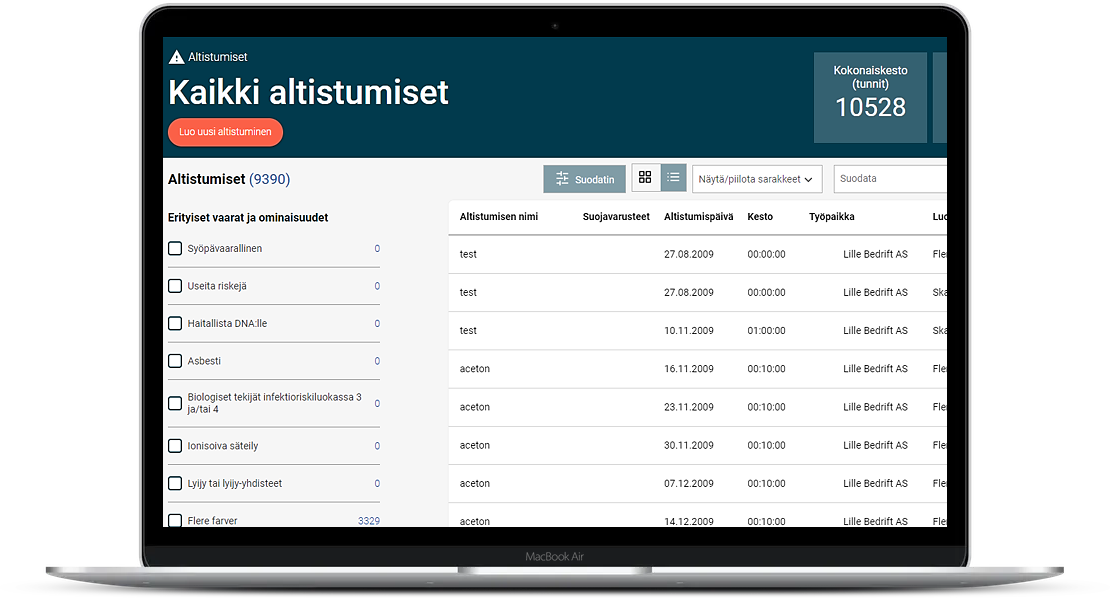 Rekisteröi helposti yrityksesi työntekijöiden altistuminen vaarallisille aineille