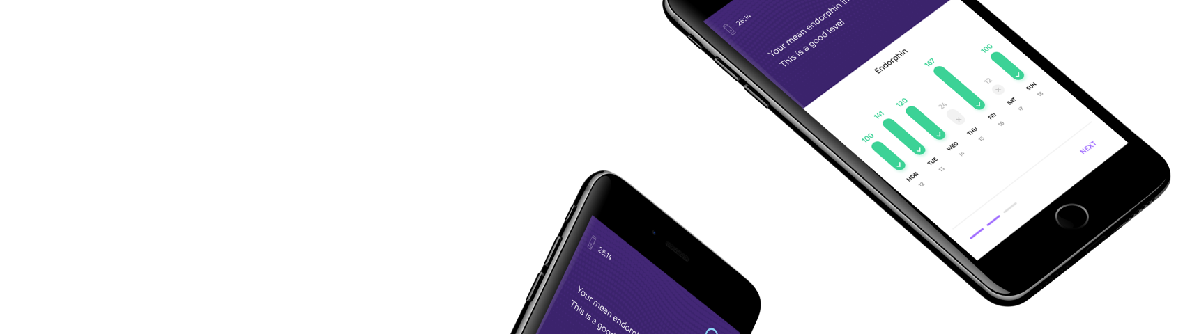 Two smartphones against a purple background. Both phone screens display screenshots from the Remedee app showing various endorphin levels.