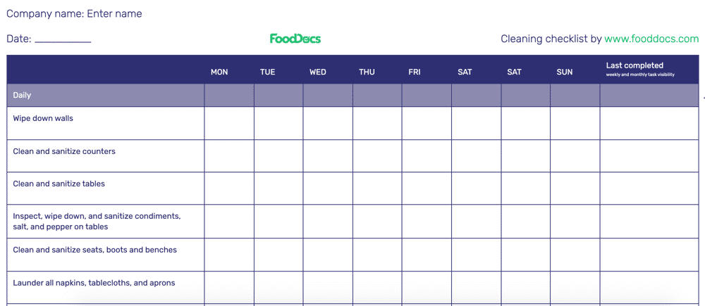 Restaurant Cleaning Checklist Template Free Download