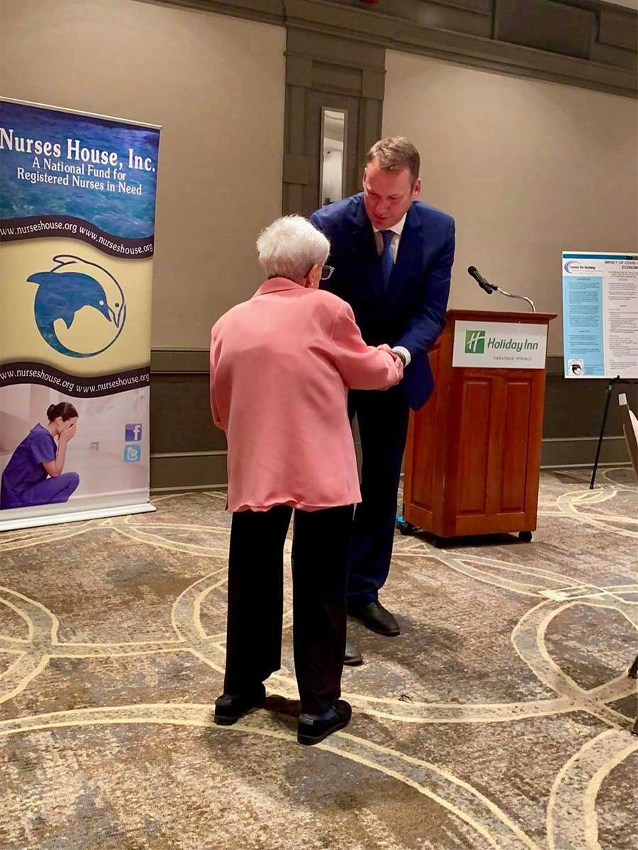 David Theobald meeting Nurses House Past President, Elizabeth Mahoney, EdD, MS, RN.