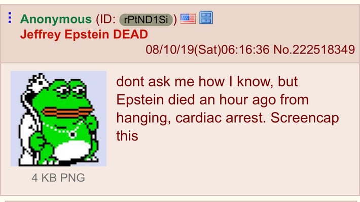 Timeline Analysis | Epstein Death Reported on 4Chan Before Announced