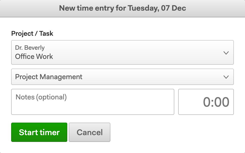 A Harvest time entry dialog that lets you select a project and task, enter notes, and start a timer