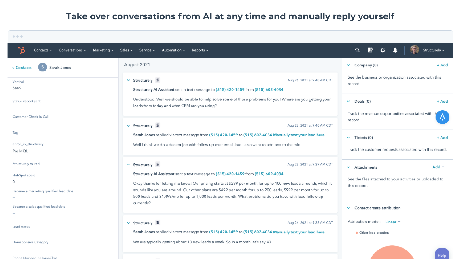 View text messages & emails in your HubSpot timeline in real-time