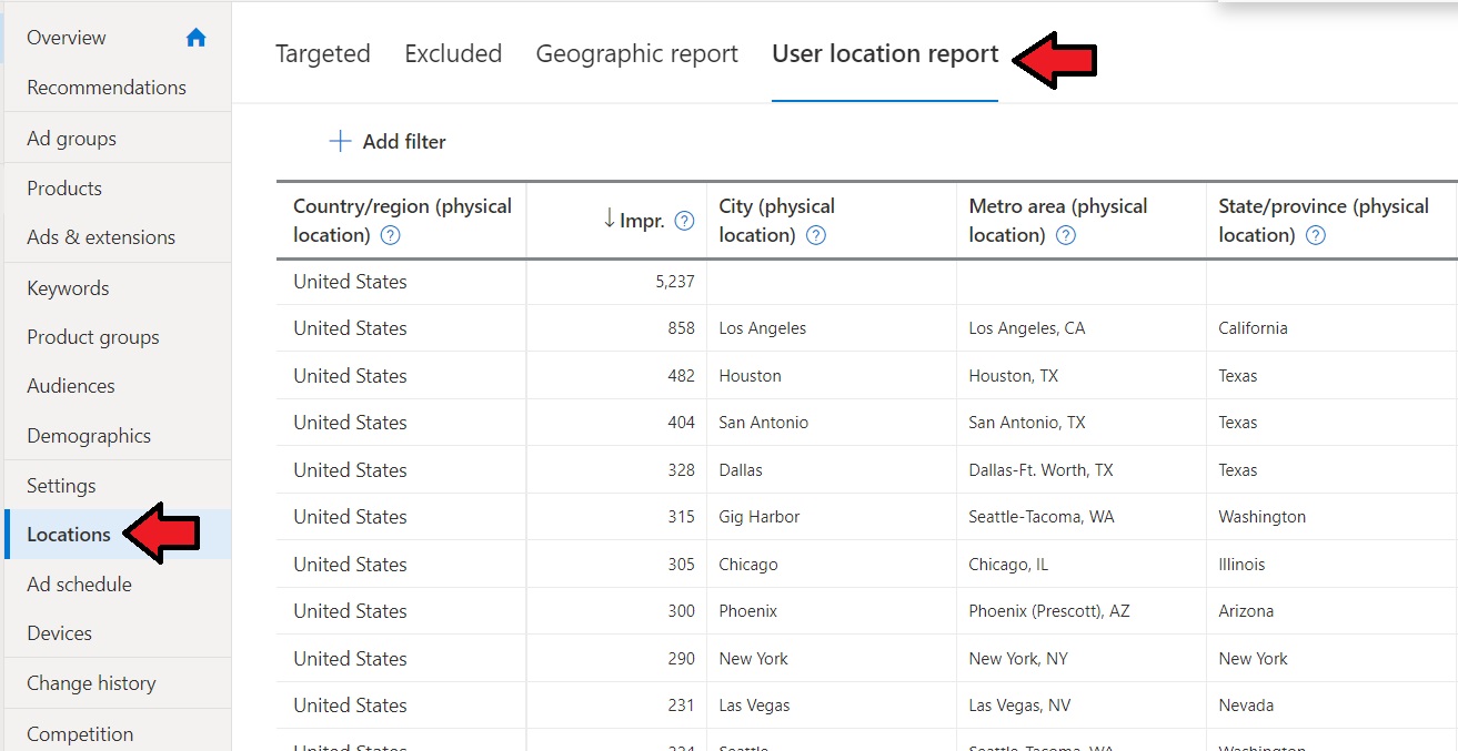 Location data review in Microsoft Advertising