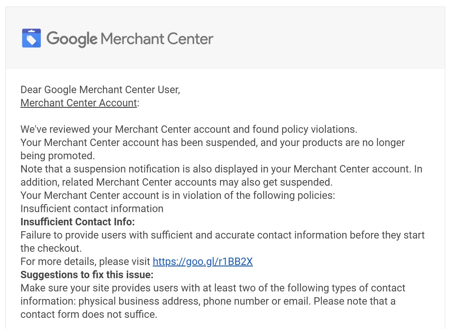 Google Merchant Center Suspension Notice