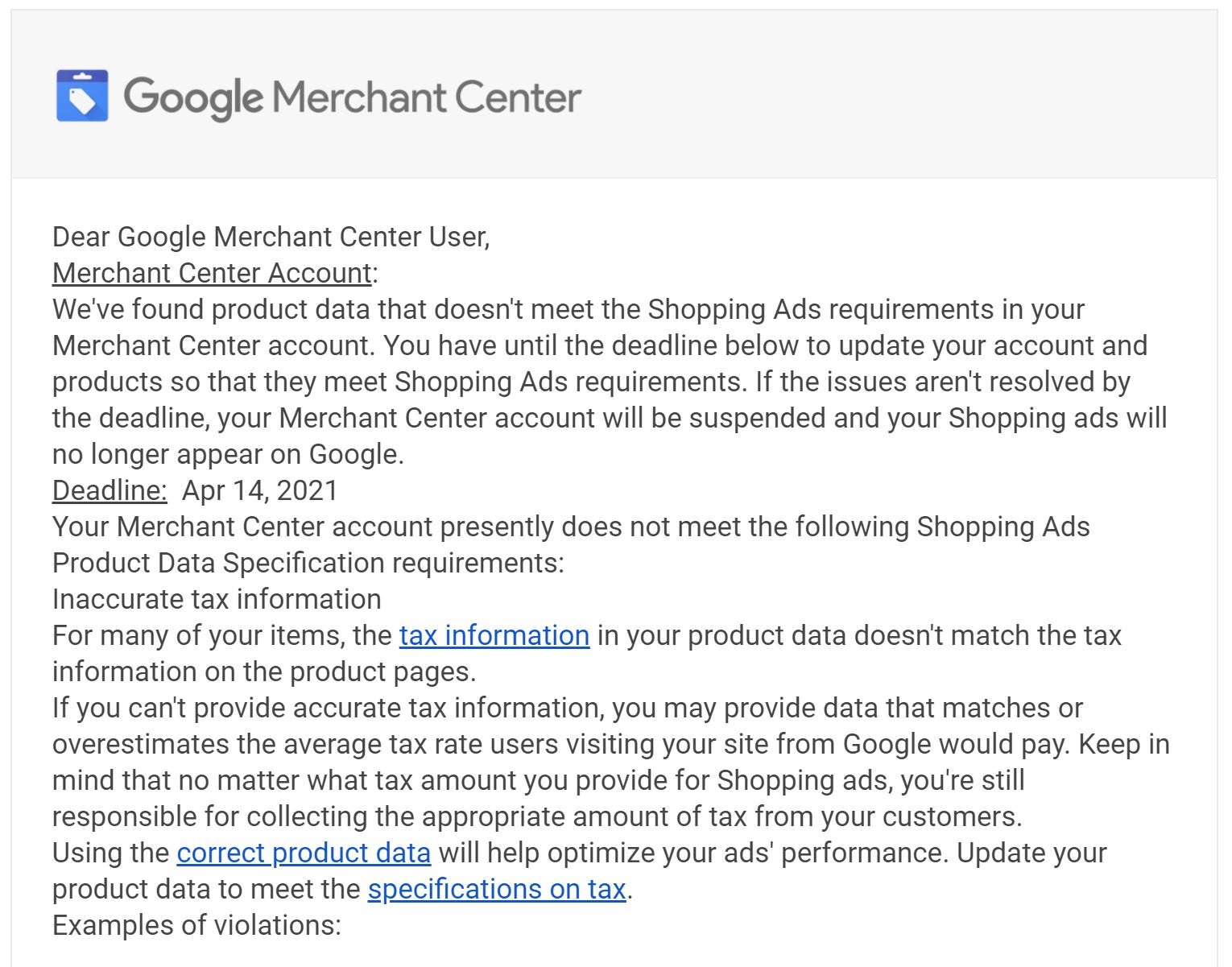 Google Merchant Center Suspension Warning