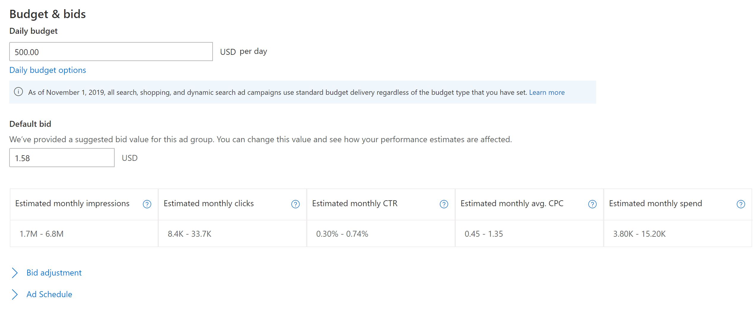 Set your budget and bids to complete the creation of your Microsoft Audience Ad.