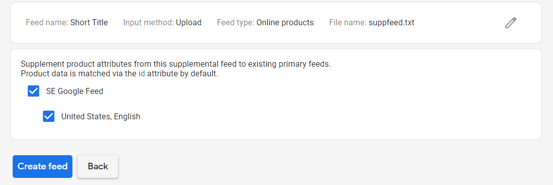Final step to uploading a supplemental feed for Short Title