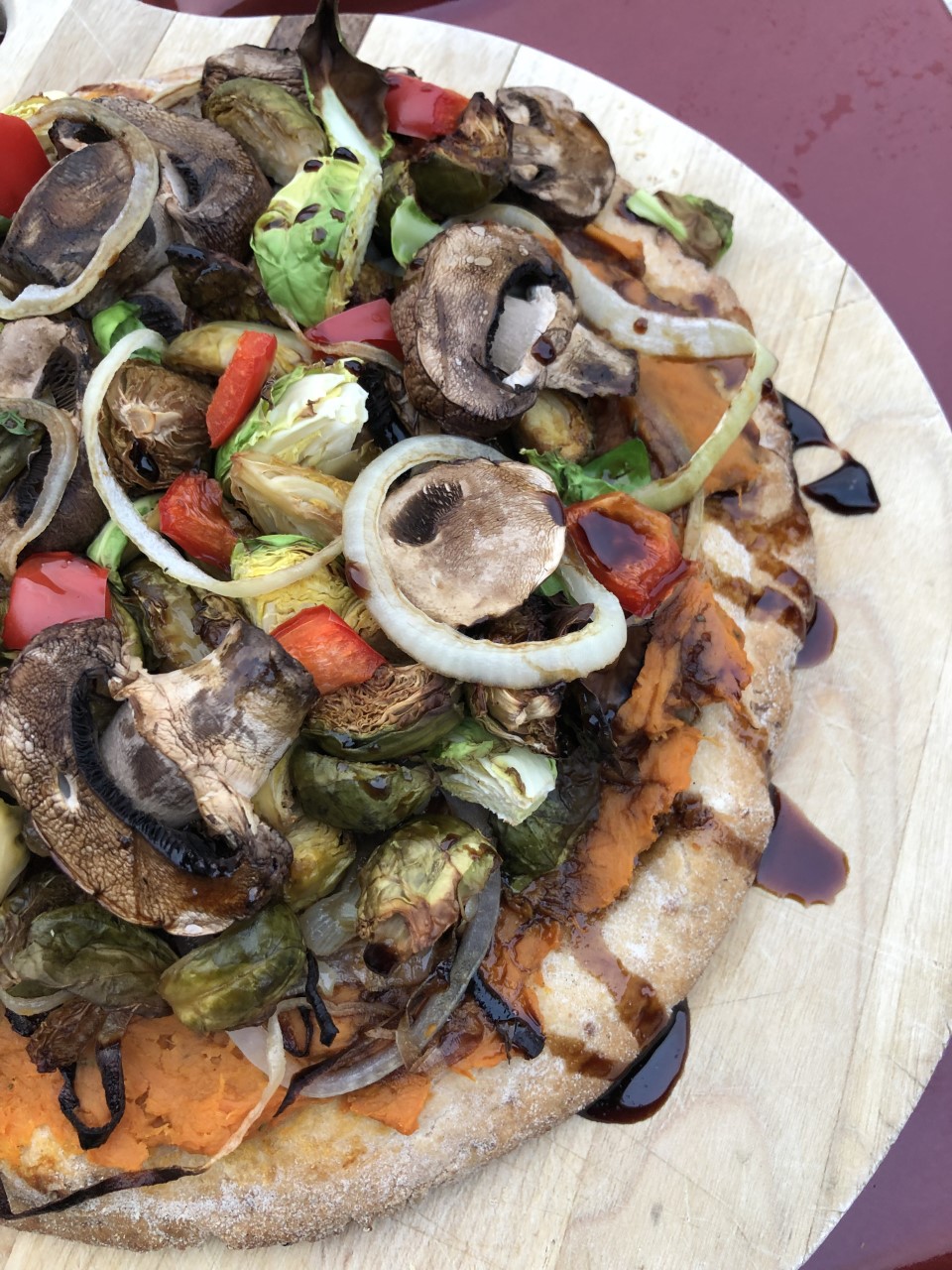 Brussel Sprouts, sweet potato pizza