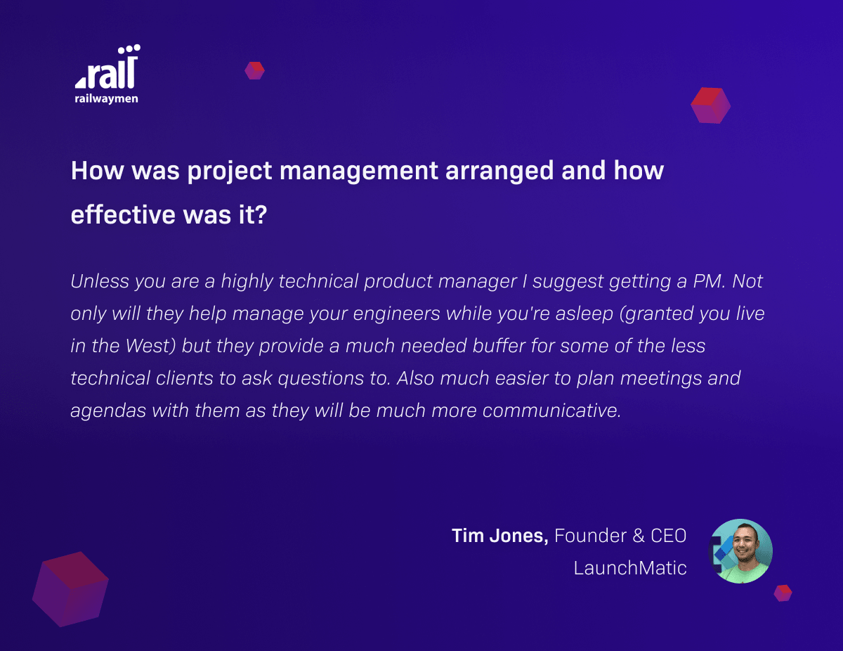 High-quality service, without a doubt, makes the project implementation process faster, more pleasant and smooth. My question is: Are you able to speak with app developers using tech language? It is not so easy as many of our clients think. Assigning tasks, supervising their execution, arranging details, and scheduling weekly calls with the client are everyday PM tasks. App development project management is time-consuming. Usually, the Project Manager has to spend many hours on project management. The cost of coordination is around 10-15% of the budget.