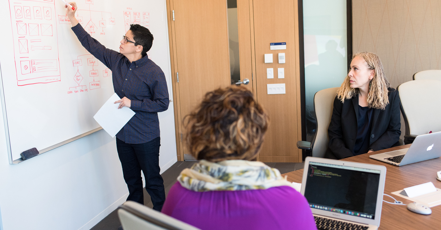 Web team writing design plan on white board