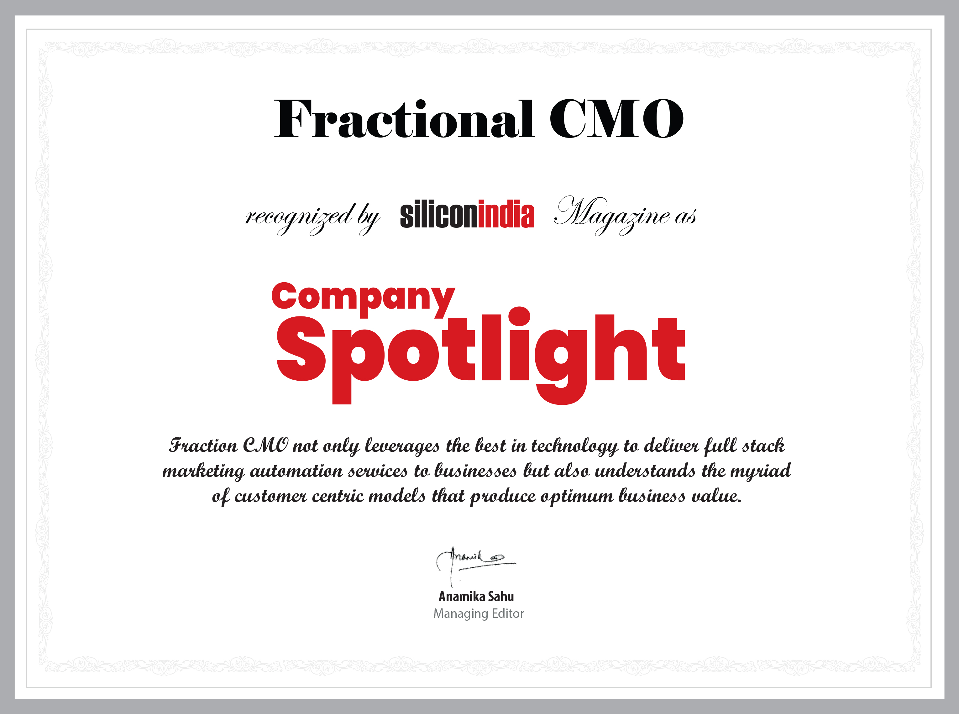 Fractional CMO recognized as '10 Most Promising HubSpot Partners from India  - 2020' by Silicon India
