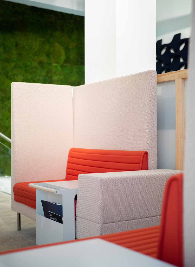 Offecct float high sofa system in pink and red in uk flokk showroom