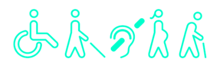 There are five images. The left-most is an outline of a person in a wheelchair. Moving to the right is an outline of a person with a cane for the blind. The middle is an outline of an ear with a line through it to signify “no hearing.” Next, is an outline of a pregnant woman. The right-most image is an outline of an elderly person slightly hunched over with a cane.