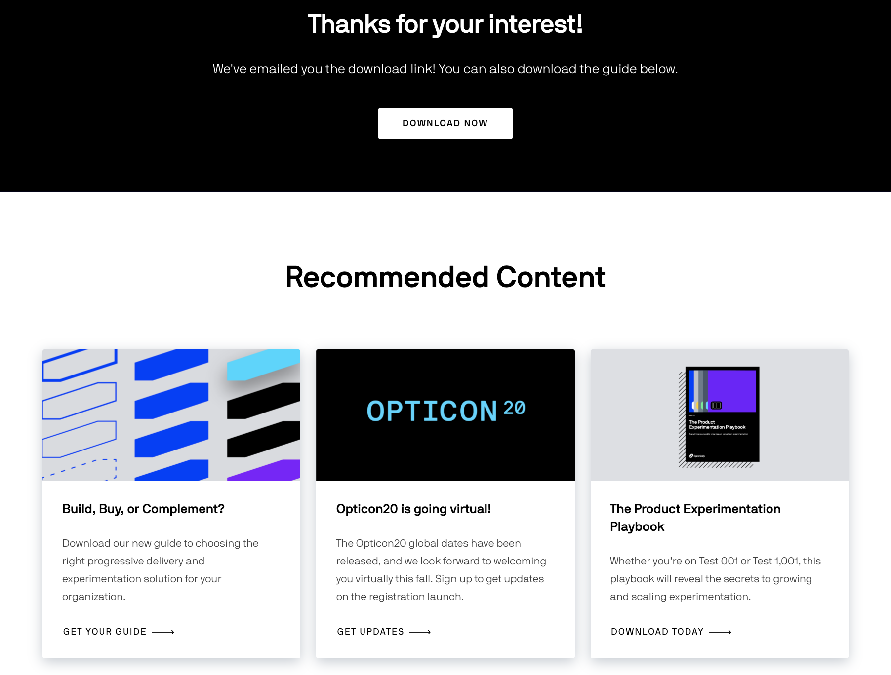 optimizely thank you page with recommended content