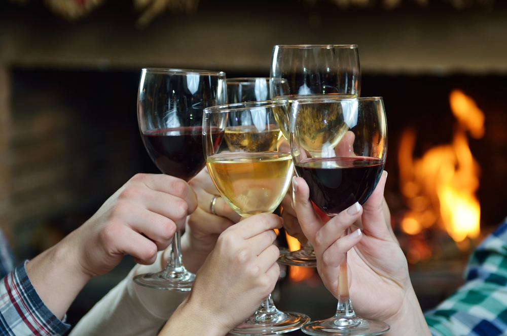 Group of happy young people drink wine at party disco restaurant