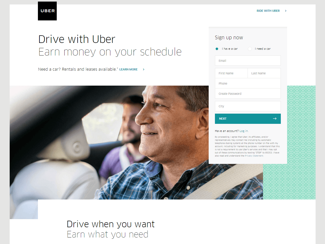 uber landing page illustrates the effectiveness of a clear value proposition for landing page copy