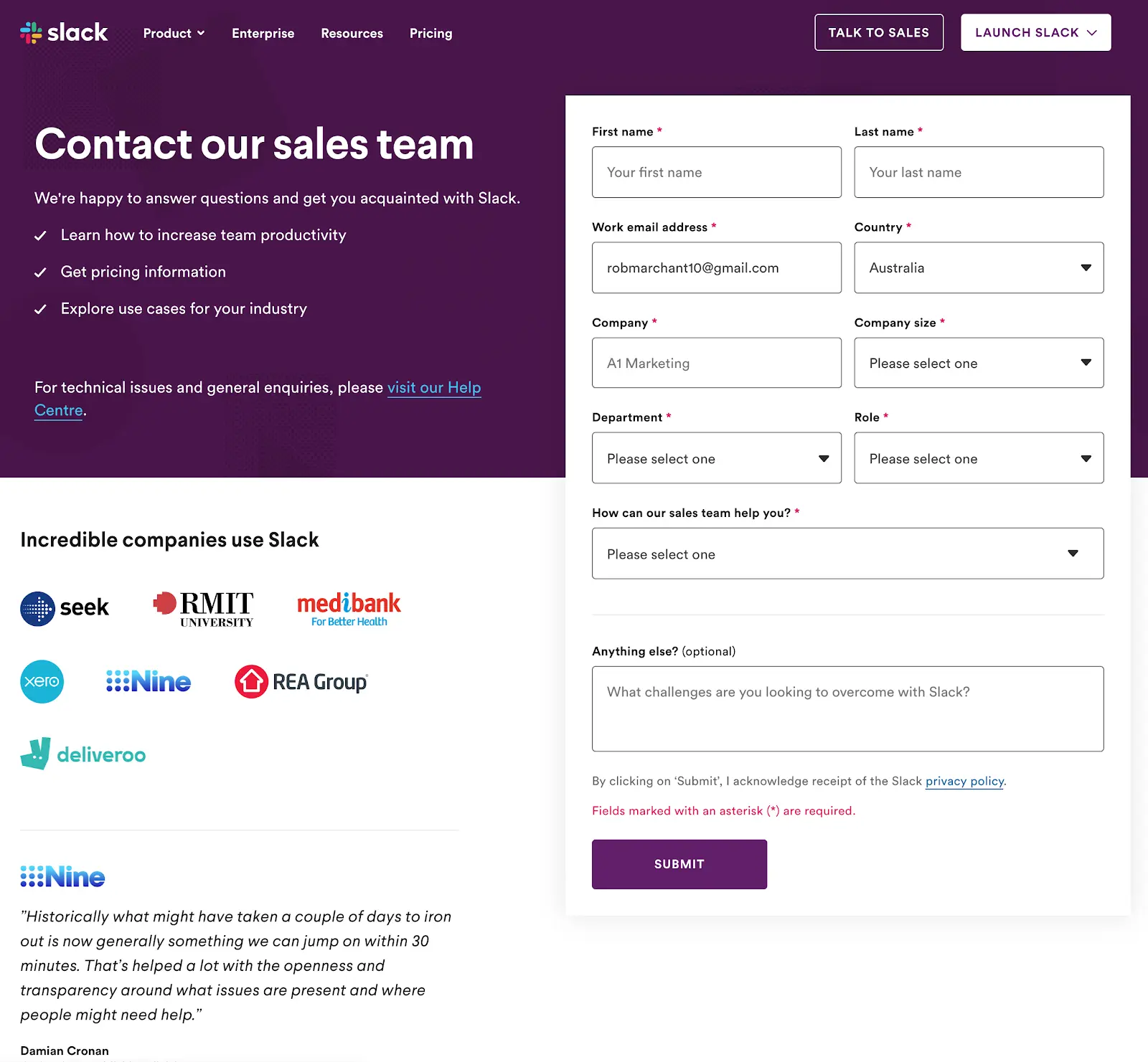 best contact us page examples slack
