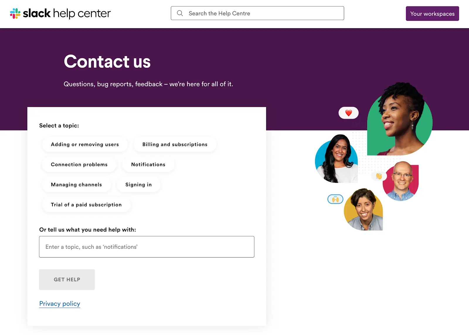 contact us page slack help centre