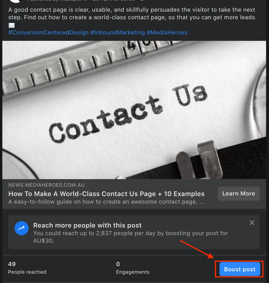 Facebook boost post button